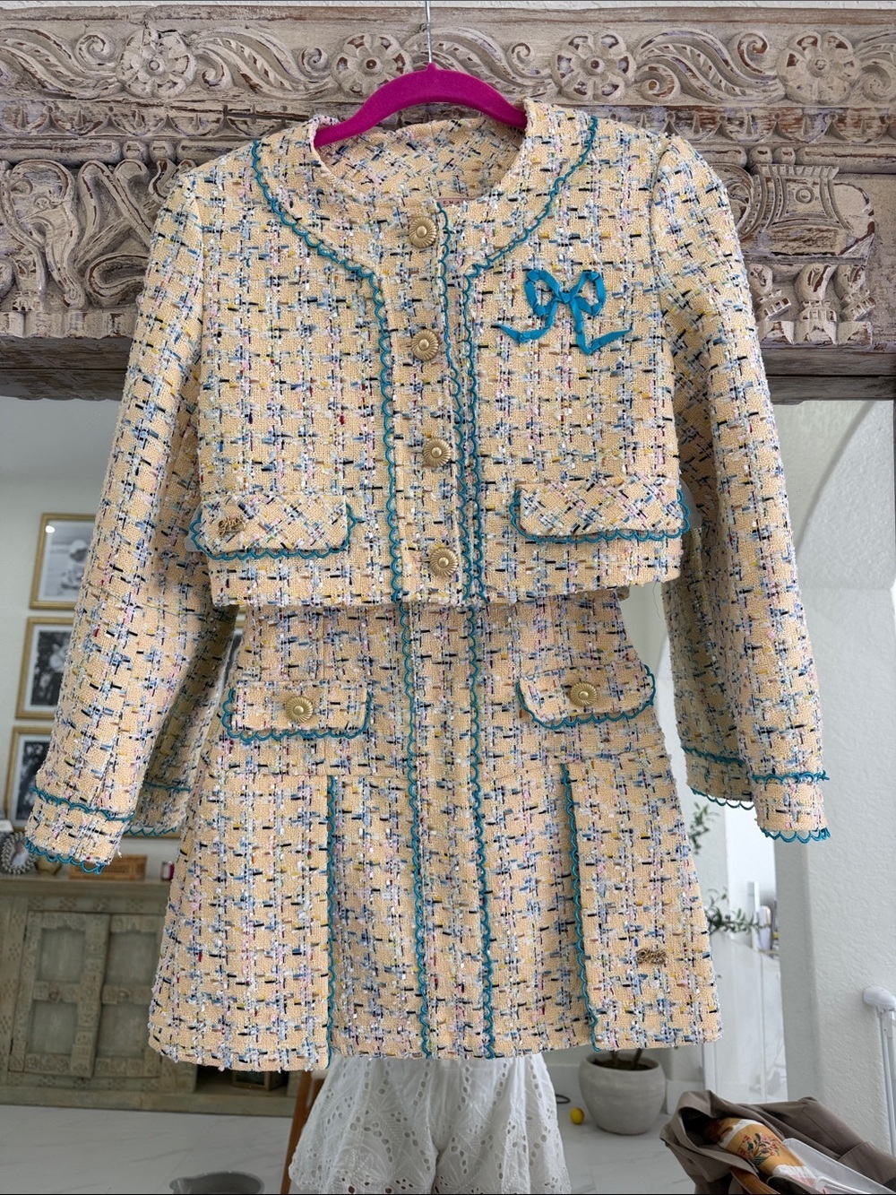 Yellow Tweed Two-Piece Skirt Set with Teal Trim